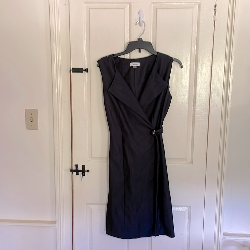 Calvin Klein sleeveless smooth dark denim look, straight dress, professional